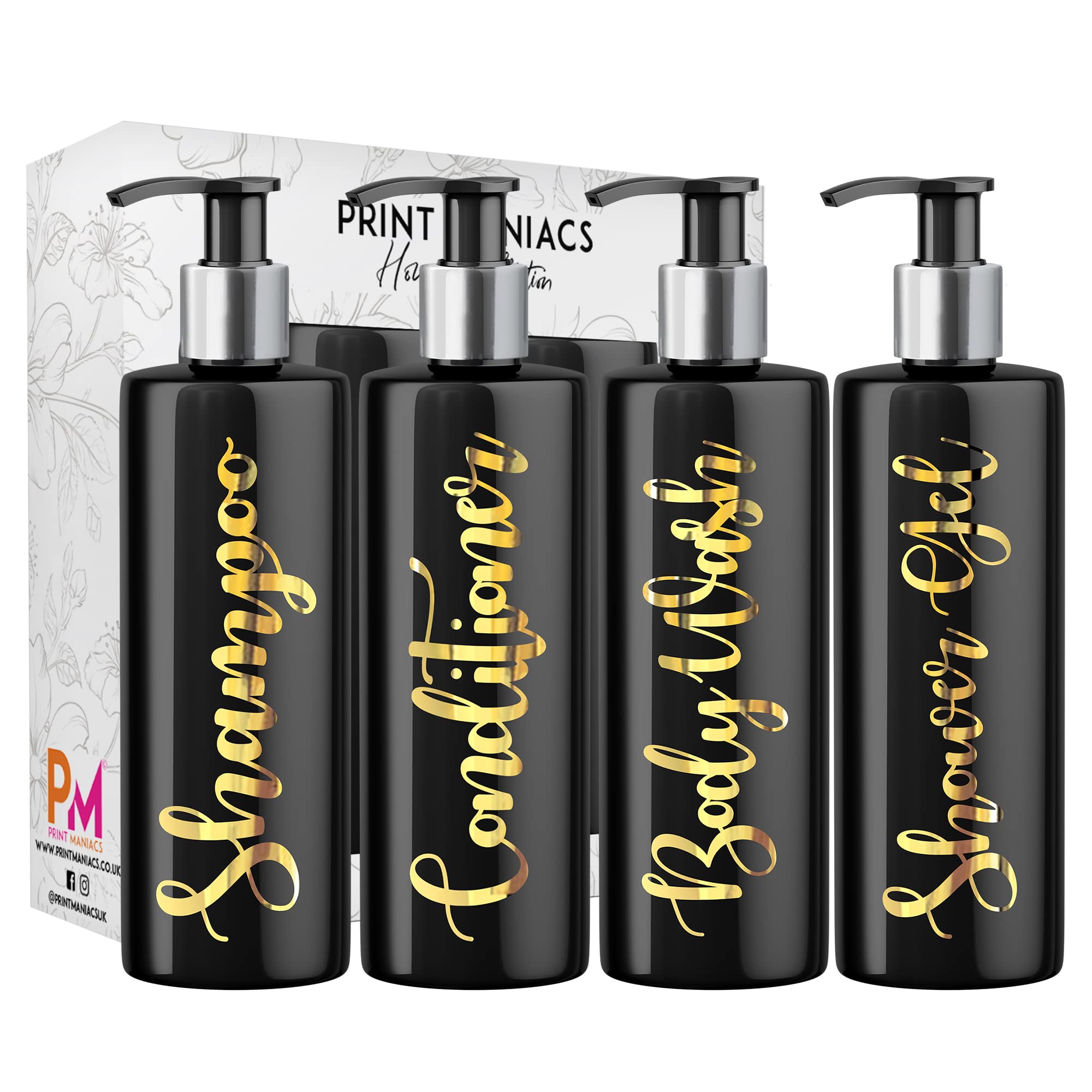 Print Maniacs Black Mrs Hinch Inspired Personalised 500ml Pump Bottles Bathroom Lotion Kitchen Set Shampoo Conditioner (Shower Gel Set) (Gold)