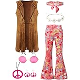 IWALUE Kids Girls 60s 70s Hippie Costume Pants Set Fringe Vest Peace Flared Pants Outfits Accessories Set