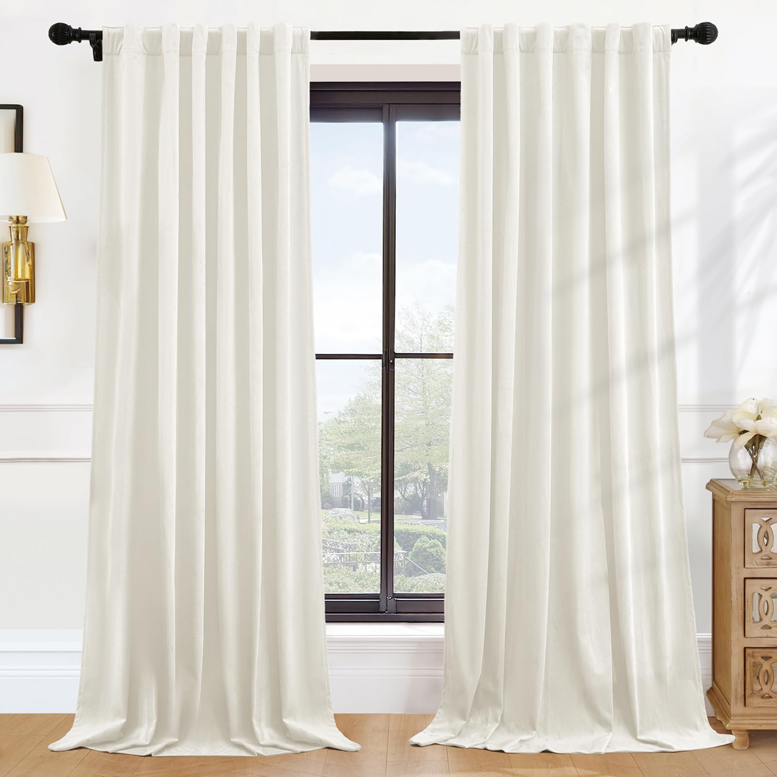 Photo 1 of P Pothuiny Blackout Velvet Curtains 84 Inches Long, 2 Panels Ivory White Velvet Drapes Rod Pocket Back Tab Design Window Thermal Insulated Curtains for Living Dining Room, Bedroom (W52 xL84)