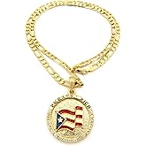 Fashion 21 Puerto Rico Flag Pendant 5mm 24" Figaro Chain Necklace Gold Tone