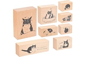 MECCANIXITY 8 Pcs Wood Cat Stamps, 6 Size Wooden Rubber Stamps Tender Cat Dream Pattern Vintage Kitten Style for Decoration D