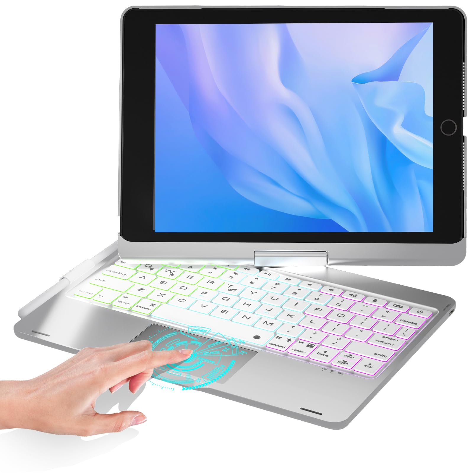 Photo 1 of BABG iPad 9th Generation Case with Keyboard, 360° Rotatable Backlit Keyboard with Pencil Holder for 10.2 inch iPad 9th Gen 2021/ 8th Gen 2020/ 7th Gen 2019 and iPad Air 3 / Pro 10.5" -? Silver