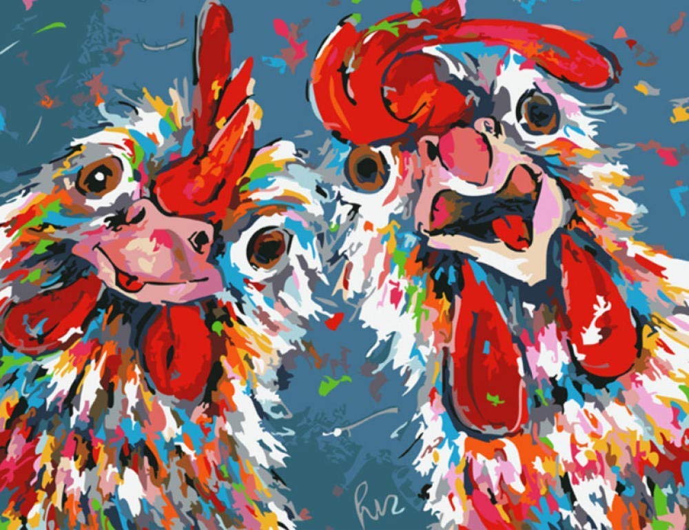 YUNLINZI Painting by Numbers Wall Art Canvas Abstract Animal Picture Home Decor Crazy Chickens for Kids and Adults Beginners,40X50CM-QZ1766