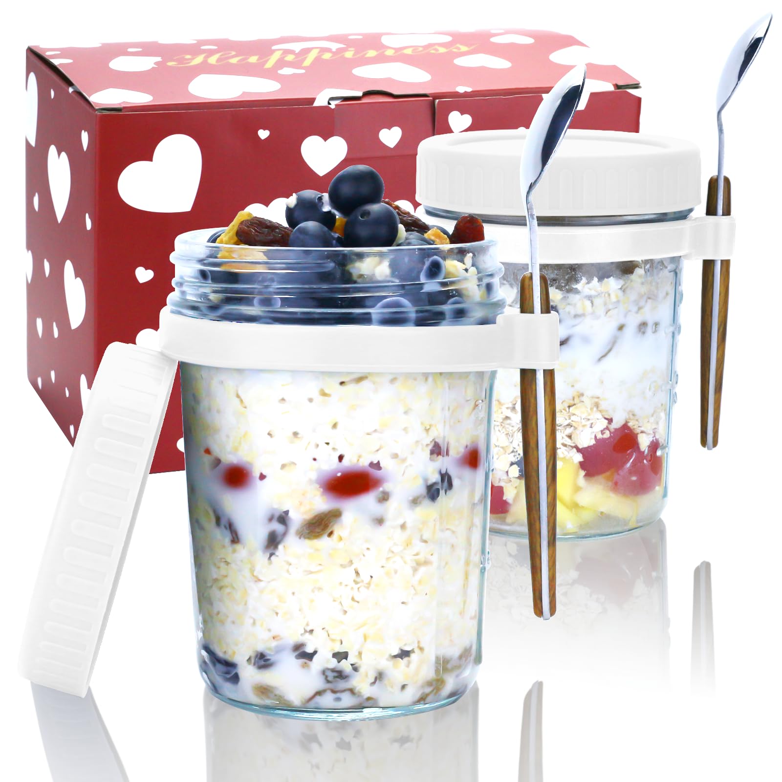 Overnight Oats Containers with Lids and Spoons - 2 Pack 350ML Glass Mason Jars for Overnight Oats Oatmeal Chia Seed Pudding 10 oz Meal Prep Salad Jars Set for Breakfast Essentials to Go Yogurt