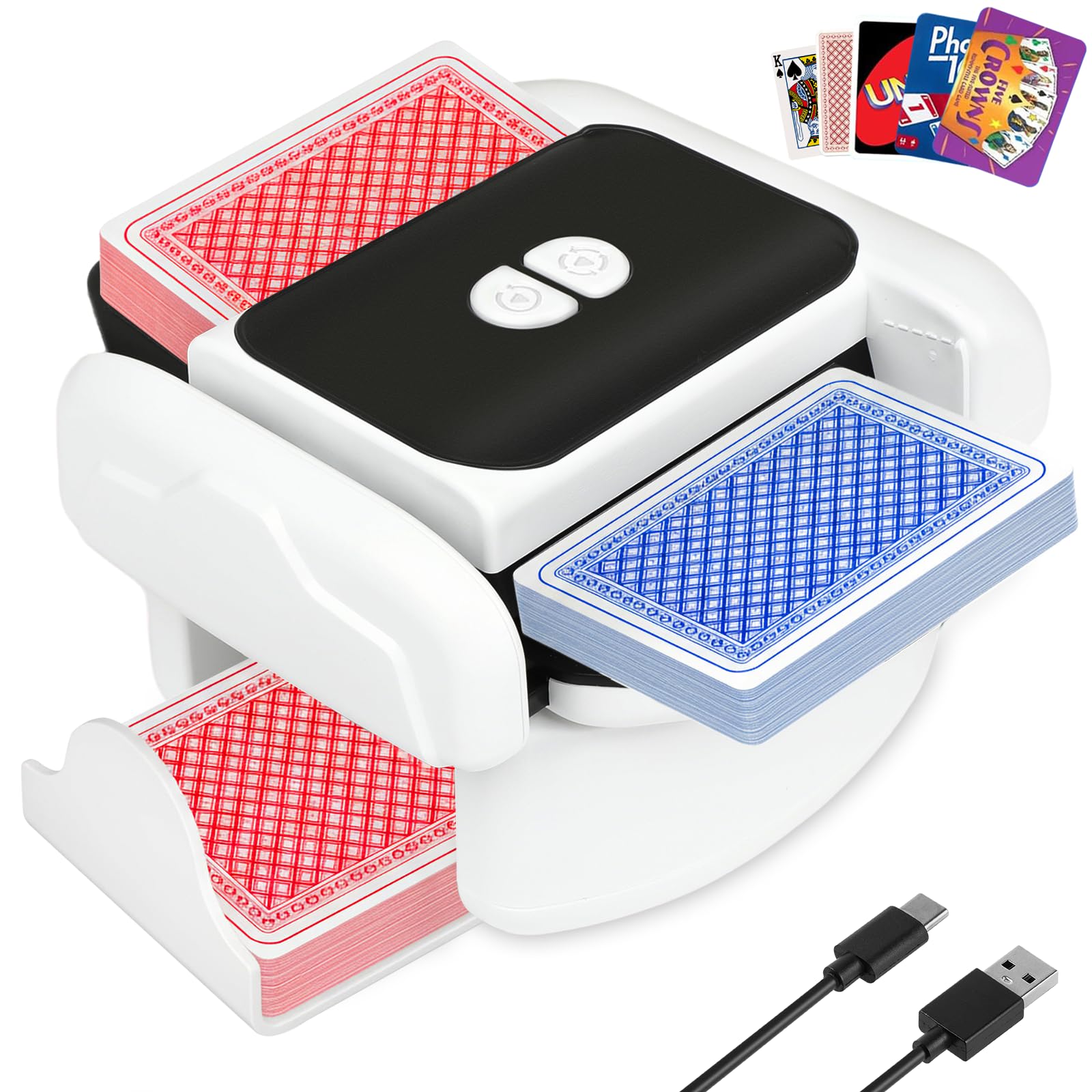 Automatic Card Shuffler Machine for 1-2 Decks, Rechargeable Electric Card Shuffler with One-Press AUTO & Manual Mode, Portable Playing Card Shuffler for Poker, UNO, Skip-Bo, Phase 10 & Party Games