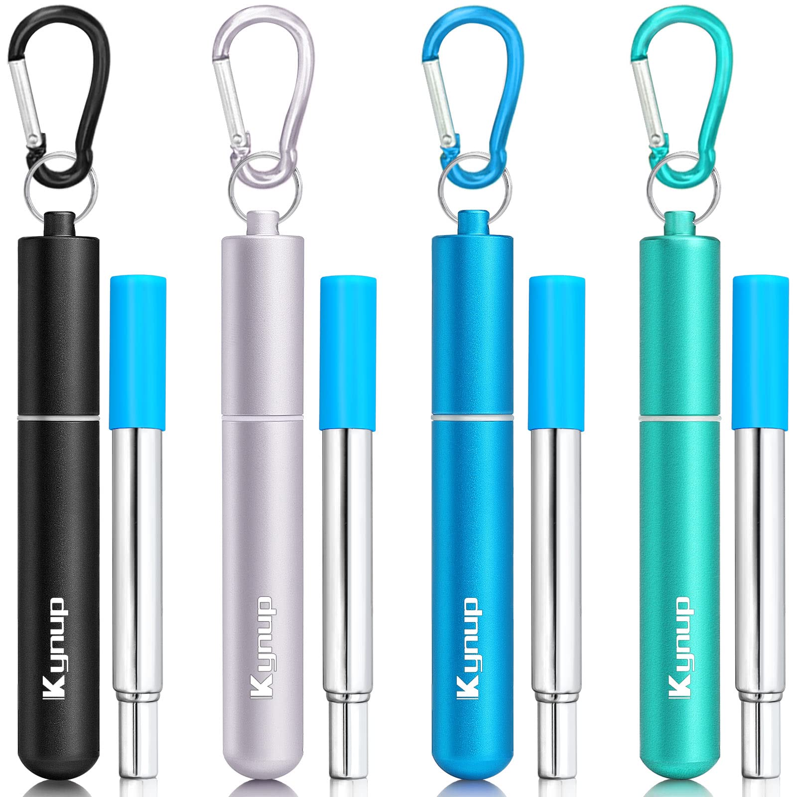 Kynup Reusable Metal Drinking Straw, 4 Pack Metal Collapsible Straw with Case, Keychain, Cleaning Brush, 6mm DIA, Length up to 23cm, Portable Travel Straw for Travel on the Go(Black-Silver-Blue-Green)