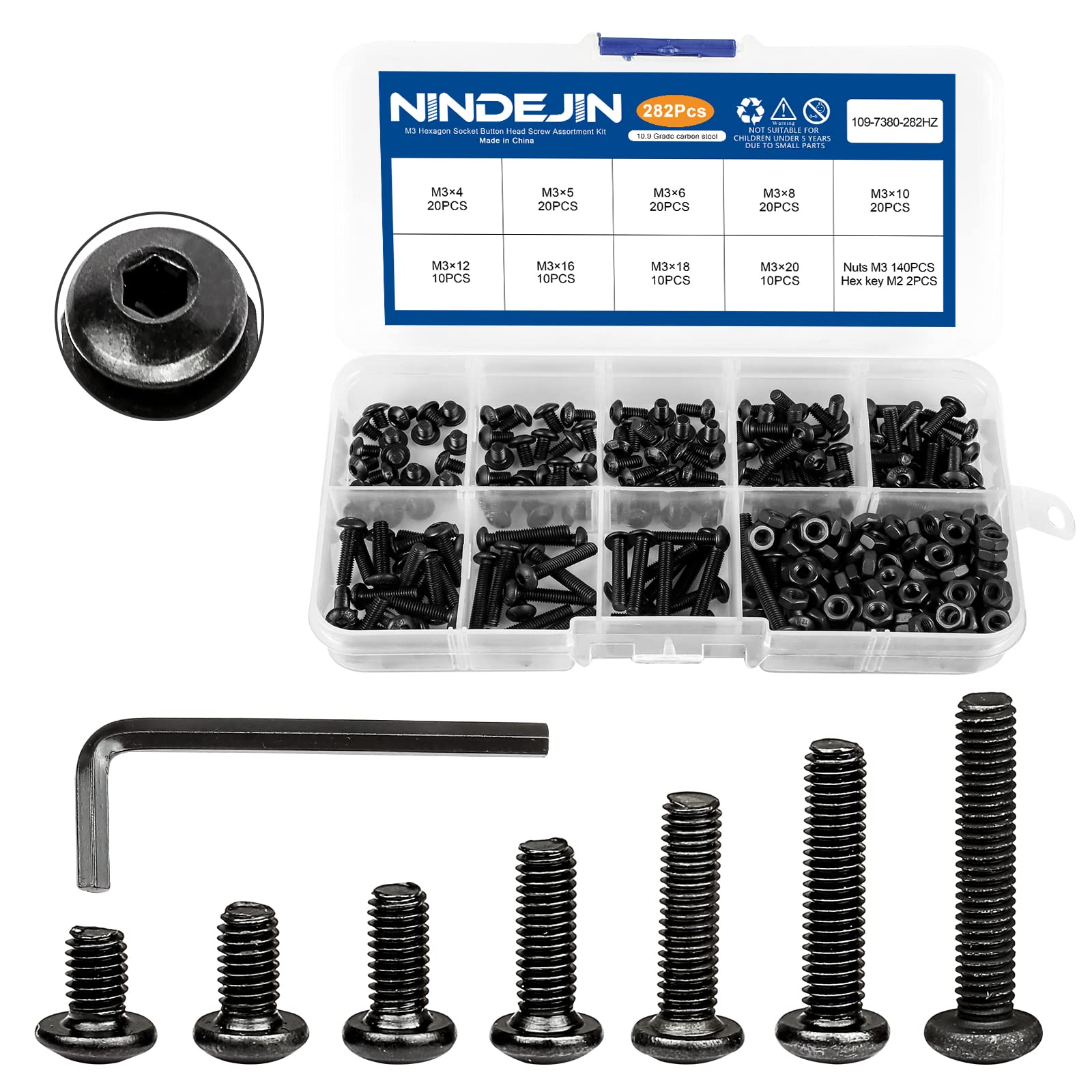 NINDEJIN M3 Button Head Hex Socket Cap Screw Bolt and Nut Assortment Kit, Carbon Steel M3 x 4mm/ 5mm / 6mm/ 8mm/ 10mm/ 12mm/ 16mm/ 18mm/ 20mm Allen Round Head Screws Set with Hex Wrench, Fully Thread