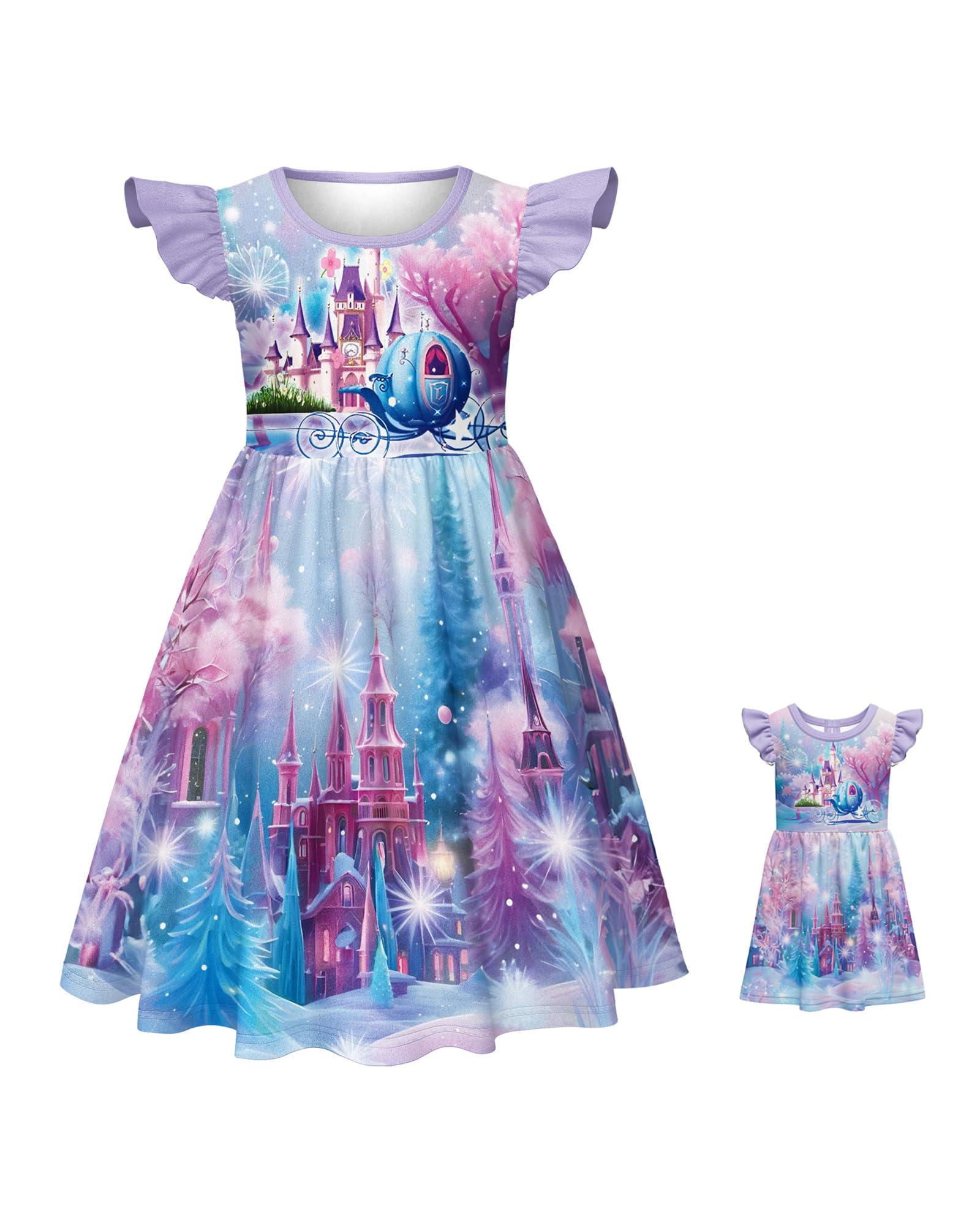 LQSZ Doll and Girl Matching Princess Purple Castle Dress Outfits for Girls and 18" Matching Doll and Girl Clothes 4 5T