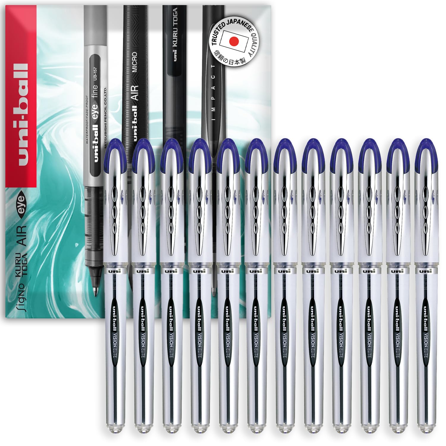uni-ball Vision Elite - 0.8mm Nib Medium Rollerball Pen - UB-200 - In Envelope Gift Packaging (Pack of 12, Blue)