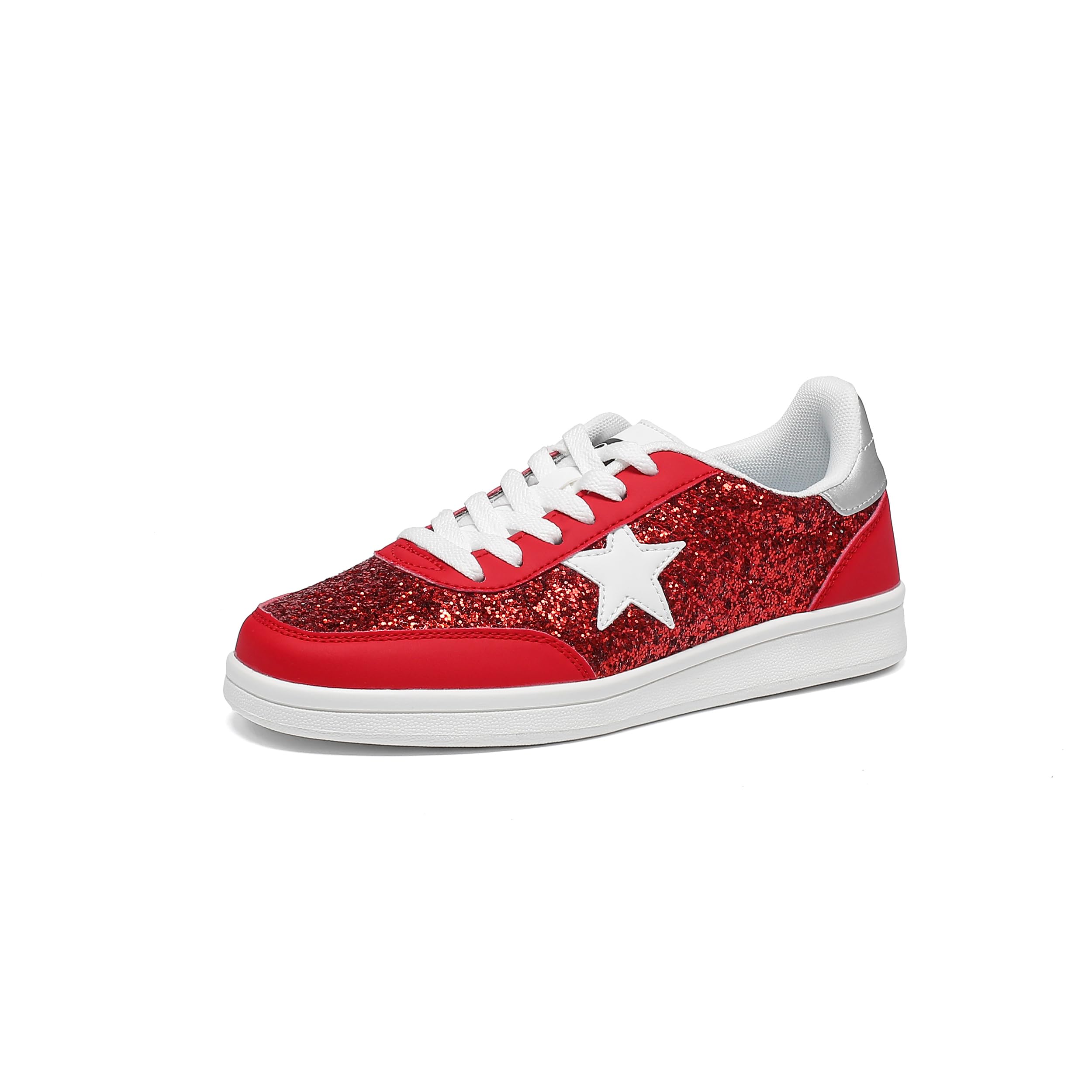 View 1 of ***Heavily worn***OFG Women's Star Sneaker Lace Up Low Top Comfortable Cushioned Sparkle Walking Shoes Casual Lightweight Breathable Glitter Tennis Shoes?Red Glitter,8.5?