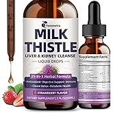 Milk Thistle Extract Liquid Drops for Liver Cleanse Detox & Repair, 35-IN-1 Kidney Support Supplement with Artichoke & Dandelion for Urinary Tract, Bladder, Vegan, Non-GMO, Strawberry Flavor, 2 FL OZ