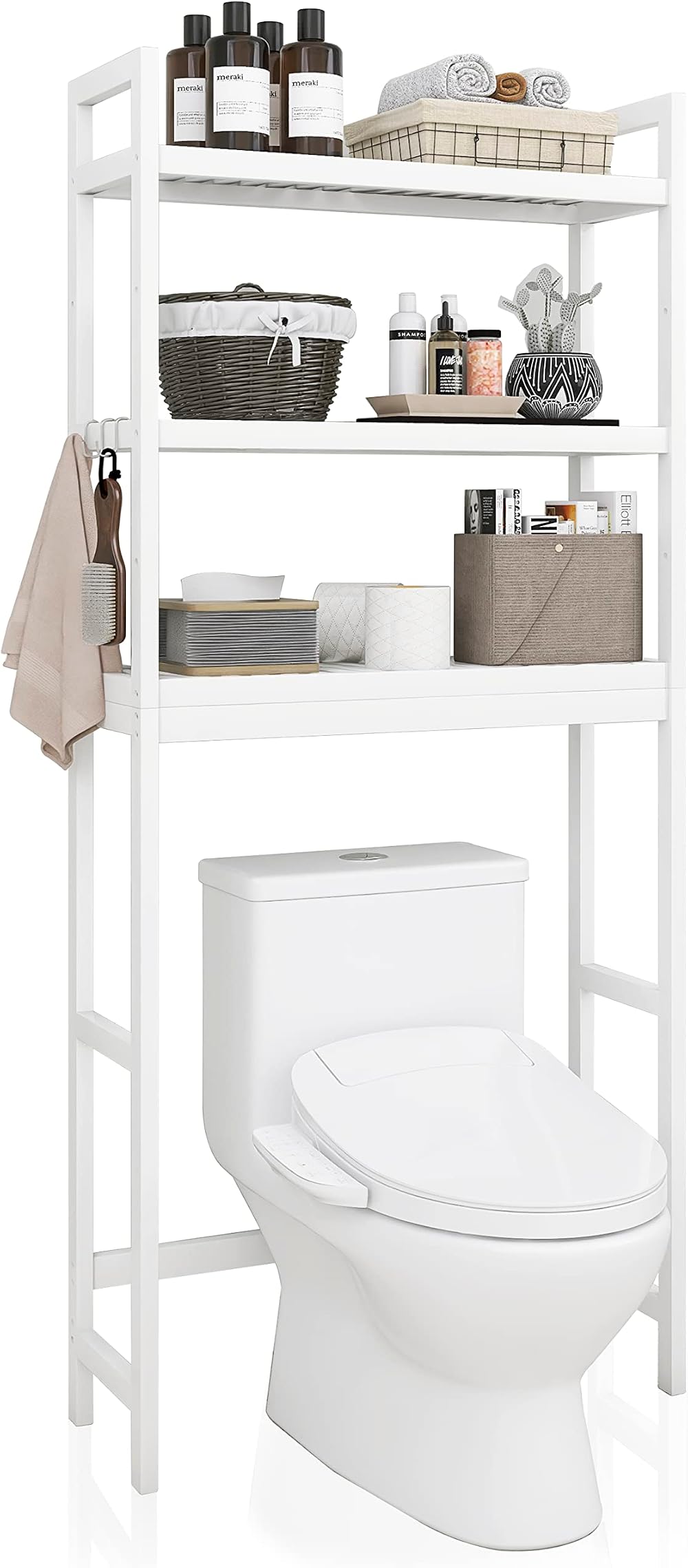 SMIBUY Bamboo Over-The-Toilet Storage Shelf 3-Tier White Freestanding