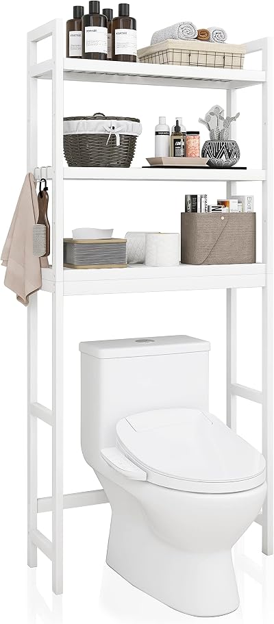 SMIBUY Bamboo Over-The-Toilet Storage Shelf 3-Tier White Freestanding