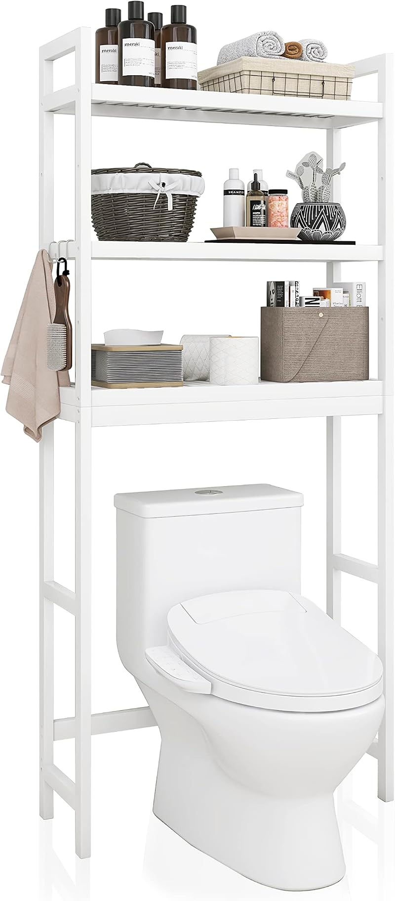 SMIBUY Bamboo Over-The-Toilet Storage Shelf 3-Tier White Freestanding