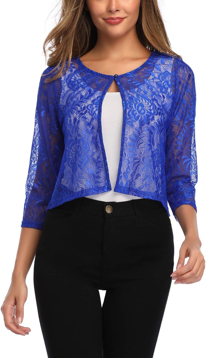 Evelife Womens Vintage Style Open Front 3/4 Sleeve Shrug Floral Lace Bolero Cardigan S-XXL