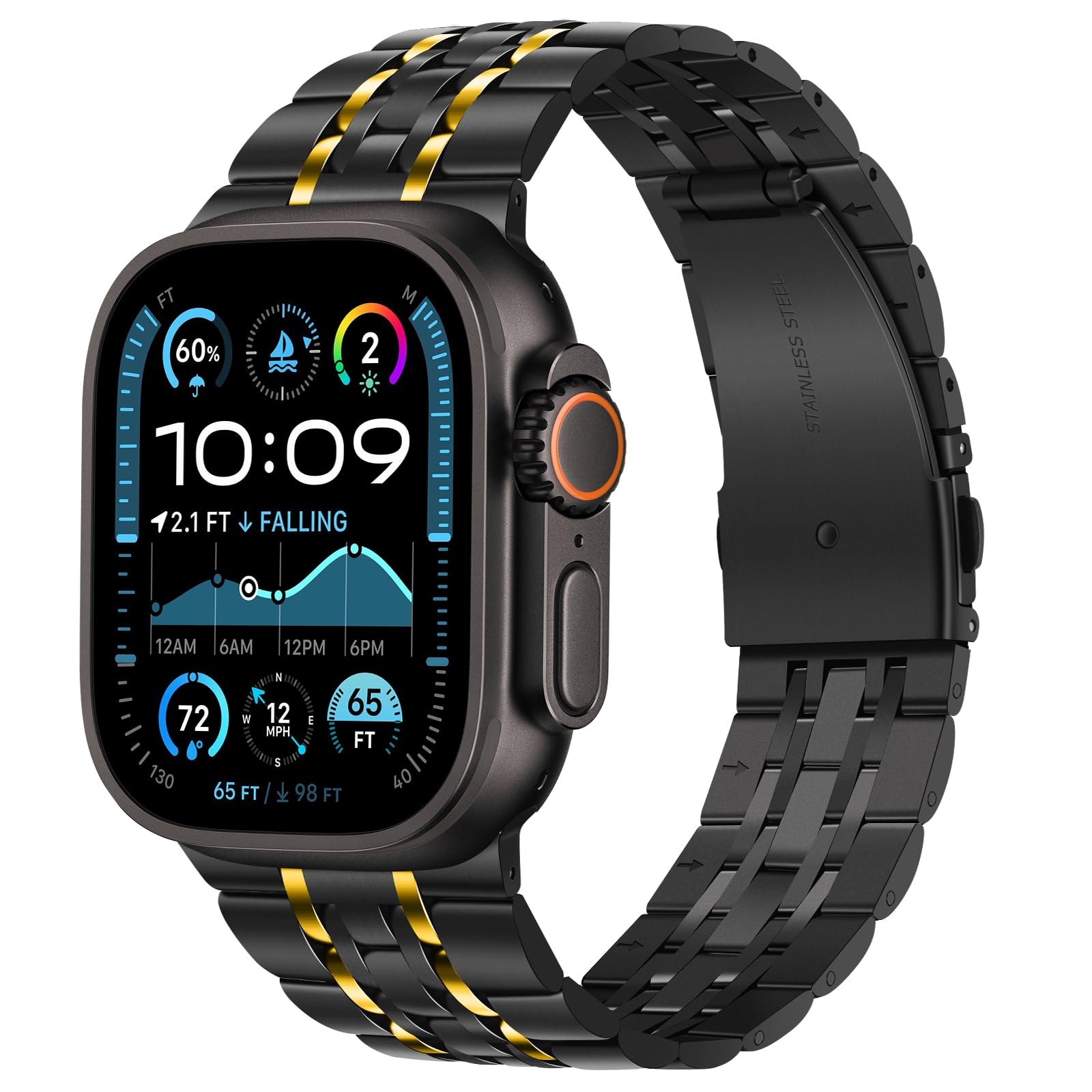 Photo 1 of Tasikar Band Compatible with Apple Watch Ultra 3 Band 49mm, Men Women Strap Solid Stainless Steel Metal Bracelet Compatible with Apple Watch Ultra 2/1 49mm, Black-Gold