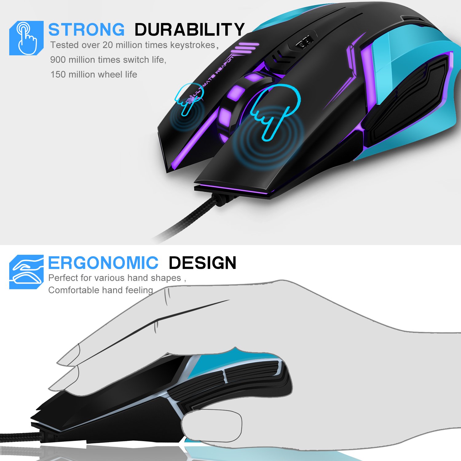 Gaming Mouse, LDesign 3200DPI Wired Gamer Mice ACC Optical Ergonomic with 4 Adjustable DPI Switch, 7-Color Breathing Light, High Accuracy Computer Mice Plug and Play (grey/silver)