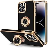 Hython for iPhone 14 Pro Case with Ring Stand [360° Rotatable Ring Holder Magnetic Kickstand] [Support Car Mount] Plated Gold Edge Soft TPU Luxury Shockproof Protective Phone Case Cover, Black