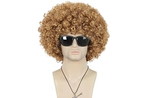 VGbeaty Adult Unisex 60s 70s 80s Short Golden Curly Afro Synthetic Disco Rocker Hippies Hair California Halloween Cosplay Ani