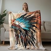 HUNXIAOJ Native American Throw Blanket Indian Print Blanket Indian Feather Headdress Pattern Native American Bedding Warm Soft Flannel for Bed Sofa Couch (50 in x 60 in)