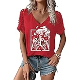 TKTSO Womens Cut Out Cold Shoulder V Neck Shirt Funny Graphic Short Sleeve Tee Tops Casual Basic Top Blouses