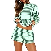 NVRENJIA Womens Striped Long Sleeve Pajama Sets 2 Piece Pjs Y2k Outfit Lounge Matching Short Set Sleepwear