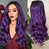 Fancy Hair Ombre Wig Purple Wigs Long Curly Wavy Hair Wigs Heat Resistant 2 Tones Dark Roots Synthetic Wigs for Black Women Daily Party Cosplay Rumi Witch