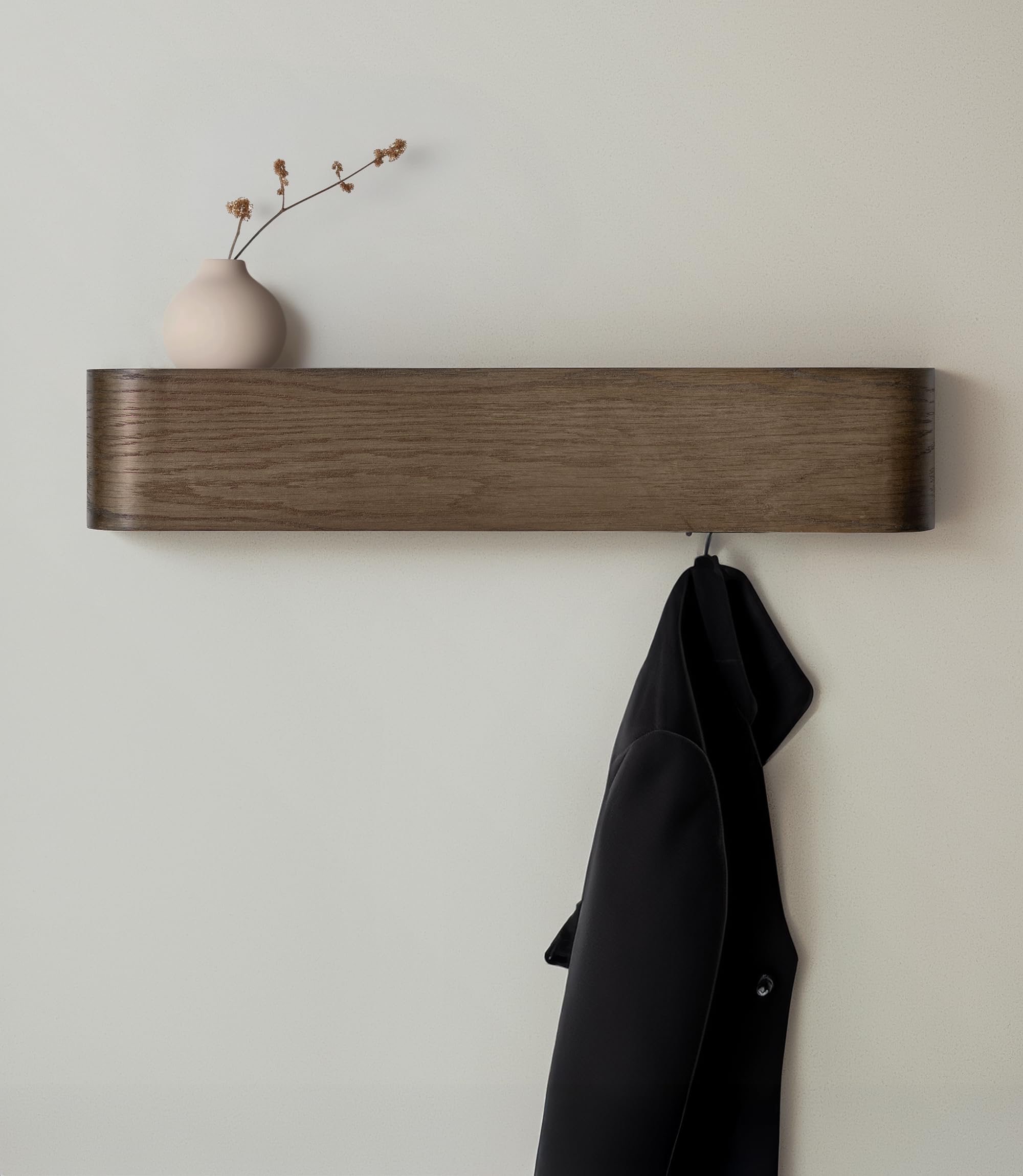Kazai. Wall-Mounted Coat Rack 'Toke' | Modern Design Coat Rack with Hidden Wall Hooks | Solid Wood Veneer Panel Coat Hanger | Oak, Dark