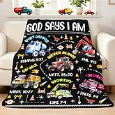 Kids Christian Truck Blanket for Boys - God Says I Am Construction Trucks Bible Verse Gifts for Truck Tractor Lovers Toddlers - Super Soft Flannel Throw Sheets 50" x 40" Decor for Crib Nap Couch Sofa