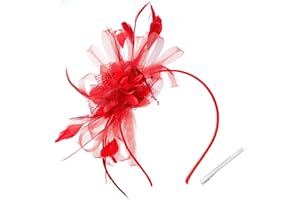 WATAME Women's Fascinators Feathers Mesh Ribbons Tea Party Hats with Headband and Clip Fascinator Hat (Red)