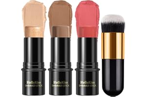LEZERO 3 Pcs Face Contour Stick Kit, Matte Finish Face Stick Trio with Bronzer Blush Highlighter and Brush, Long Lasting Waterproof Cream Beauty Wand Makeup Set for Sculpt Glowing Face Look (#4, 10, 14)