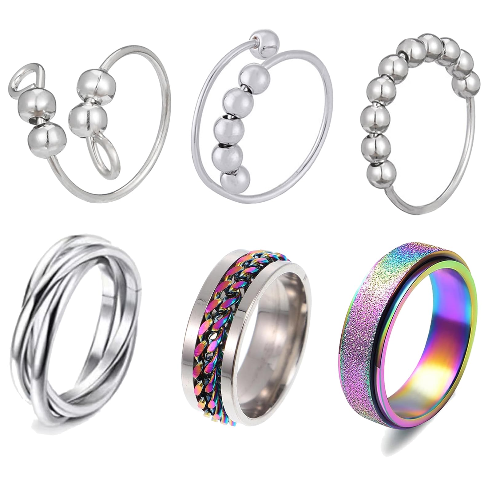 ARROMI 6PCS Fidget Rings for Women, Anxiety Relief Spinning Stainless Steel Rings