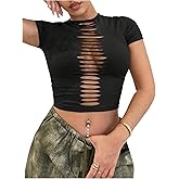 WDIRARA Women's Cut Out Ripped T-Shirts Crew Neck Short Sleeve Tee Going Out Crop Top