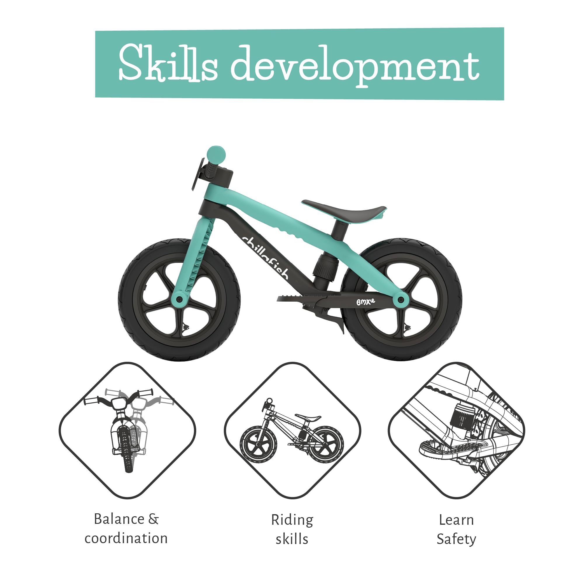 Chillafish Bmxie² Lightweight Balance Bike with Integrated Footrest and Footbrake for Kids Ages 2 to 5 Years, 12-inch Airless Rubberskin Tires, Adjustable Seat Without Tools, Minth