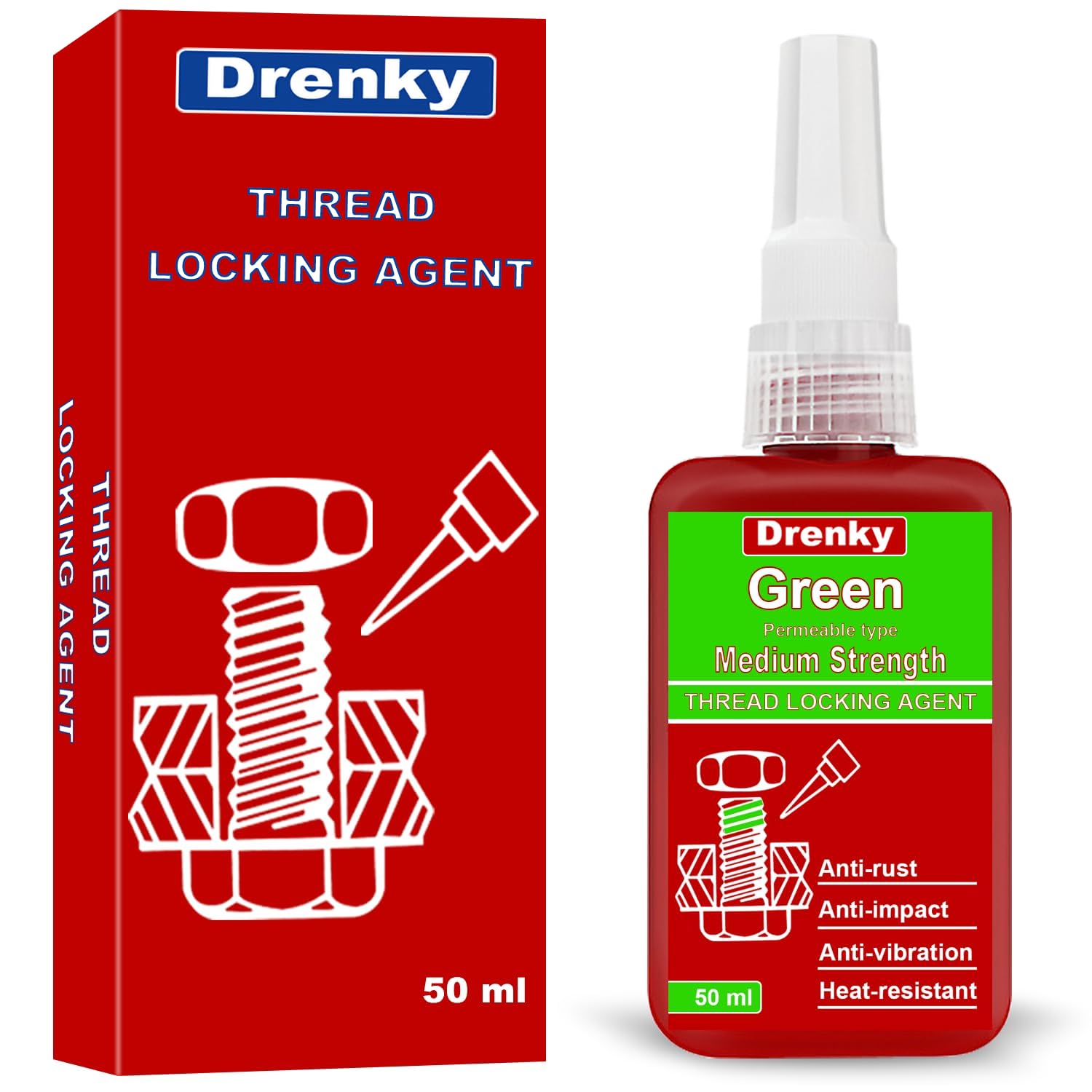 Drenky Thread Lock Medium Strength Threadlocker Green Threadlock 50ml Locktight for Bolts Nuts Screw Lock Tight Thread Locker Thread Sealant for Locking Sealing, Penetrating Threadlocker