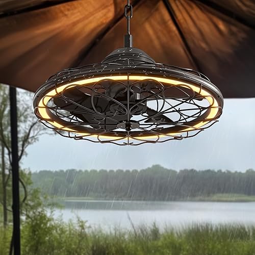 Fansconce 20" Outdoor Ceiling Fan, IP65 Waterproof Gazebo Fan with Light, Remote Control，6 Speeds，3CCT, Plug in Caged Ceiling Fan with Hanging Hook for Patio, Porch, Canopy
