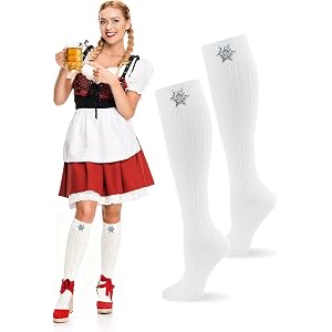 Oktoberfest Socks Women with 2 Pcs Edelweiss Flower Brooches White Stocking | White Lederhosen Socks, Brooches,German Knee Hi