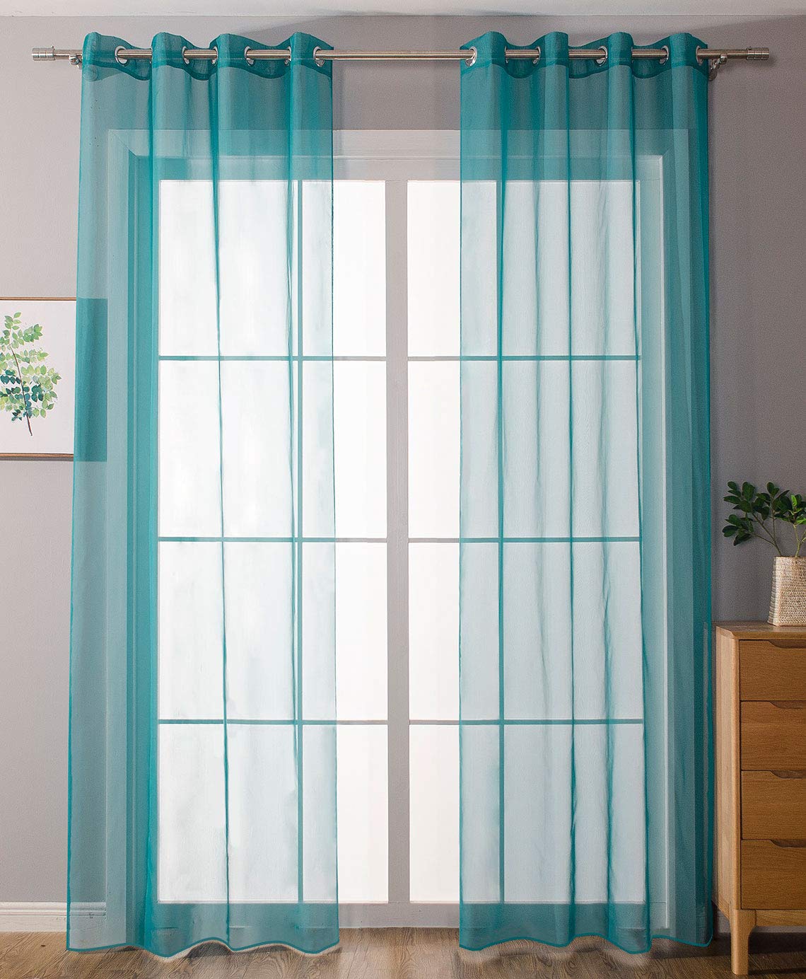 Gardinenbox 203322 Pack of 2 Eyelet Curtains Transparent Curtain Set Living Room Voile Eyelet Curtain Lead Tape Finish H x W 225 x 140 cm Turquoise