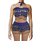 Baisdan Belly Dance Hip Scarf 2 Piece, Belly Dance Skirt Set, Dancing Coin Skirts for Women, Halloween Costume, 2Pack, Navy Blue