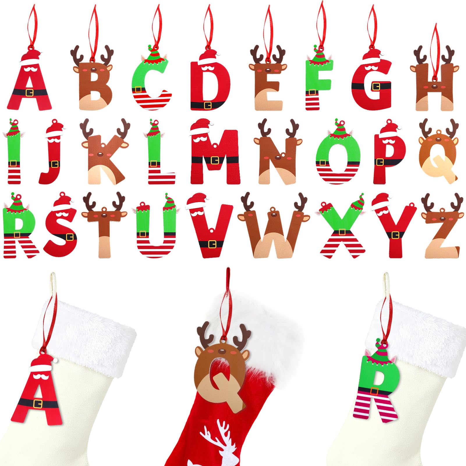 Photo 1 of 26 Pcs Christmas Stocking Letter Tags Wooden Santa Claus Reindeer Elf Initial Christmas Ornaments Christmas Stocking Hanging Ornaments for Xmas Decor(Colorful Letter)
