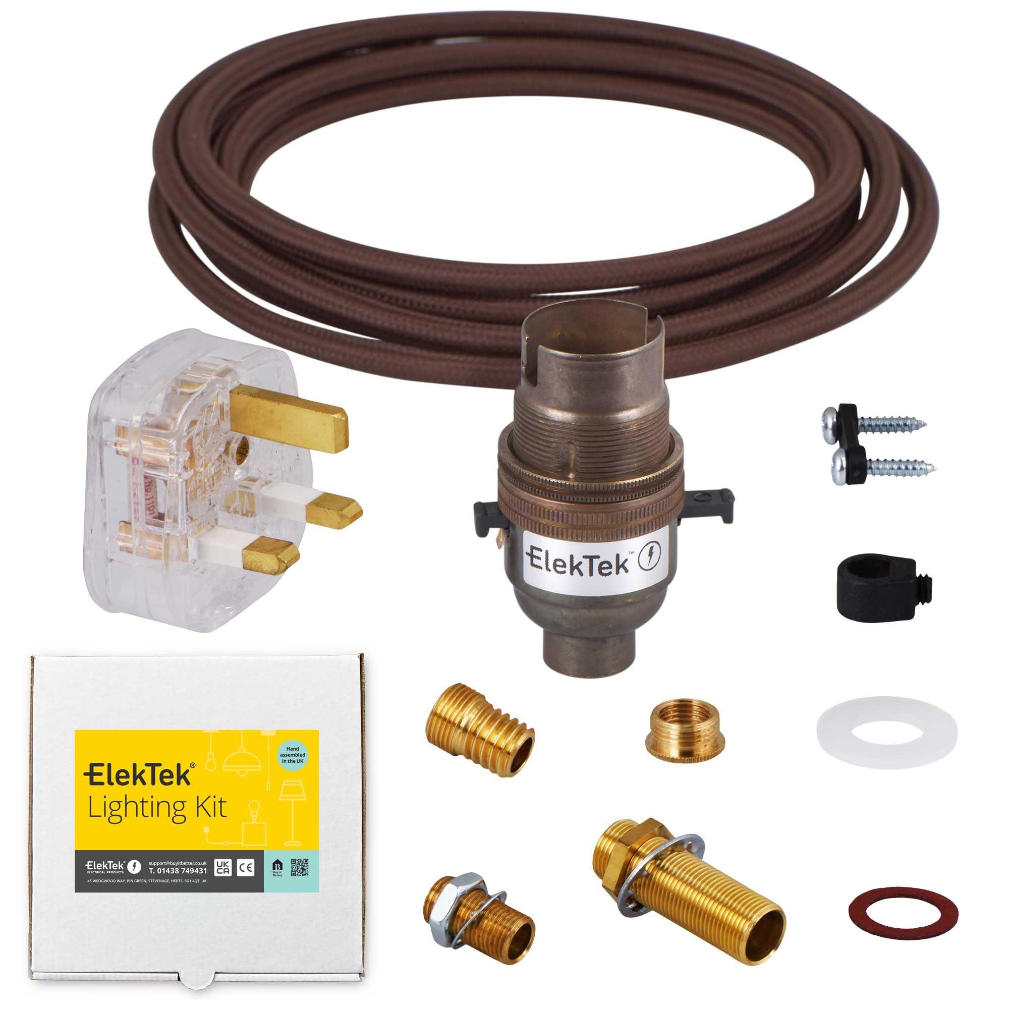 ElekTek Premium Lamp Kit Antique Brass Safety Switch B22 Lamp Holder with Round Brown Flex and 3A UK Plug