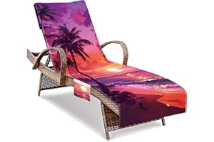 HEIFAM Pool Beach Chair Covers, Sunset Lounge Chair Towel Cover with Pockets, Sun Lounger Covers for Outdoor Sunbathing Trips, 85 X30 in
