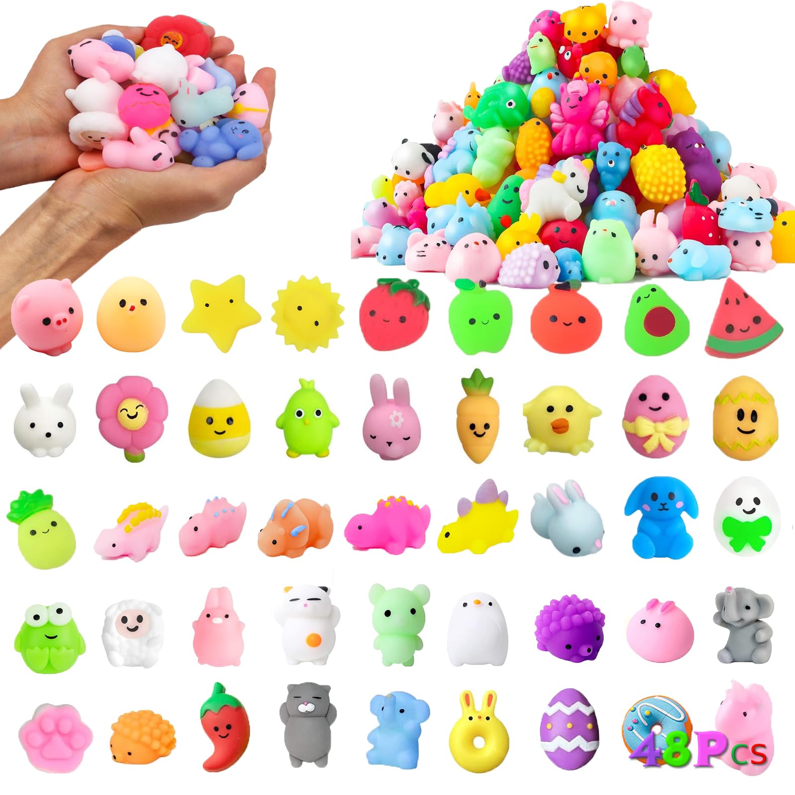 Kawaii Mochi Squishy Set , Random Bulk Mini Animals Mochi - Stress Relief Sensory, Party Favors, Birthday Gifts, Classroom Prizes, Goodie Bag Fillers (Multicolor48Pcs)