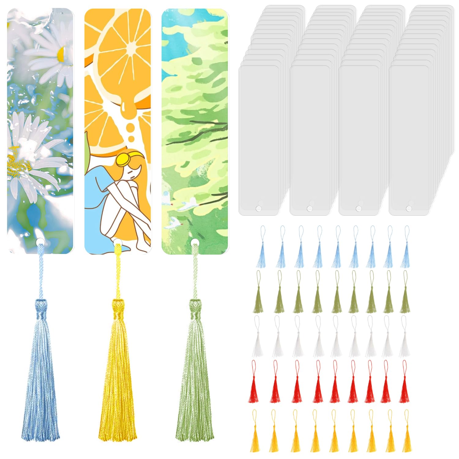 FAURAPMNG 90 Pcs Bookmark Blanks Set, 45 Pcs Clear Acrylic Bookmarks with 45 Pcs Colorful Tassel, Rectangle Acrylic Craft Transparent Book Markers for DIY Projects Crafts Gift Tags