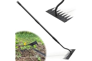 LILYVANE Manual Weeder Tool,8 Tines Garden Weeding Rake with Sharp Blade,55 Inch Long Handle,Heavy Duty Stand Weeding Tool for Weeding Loosening Soil Gathering Leaf Leveling Thatch Rake