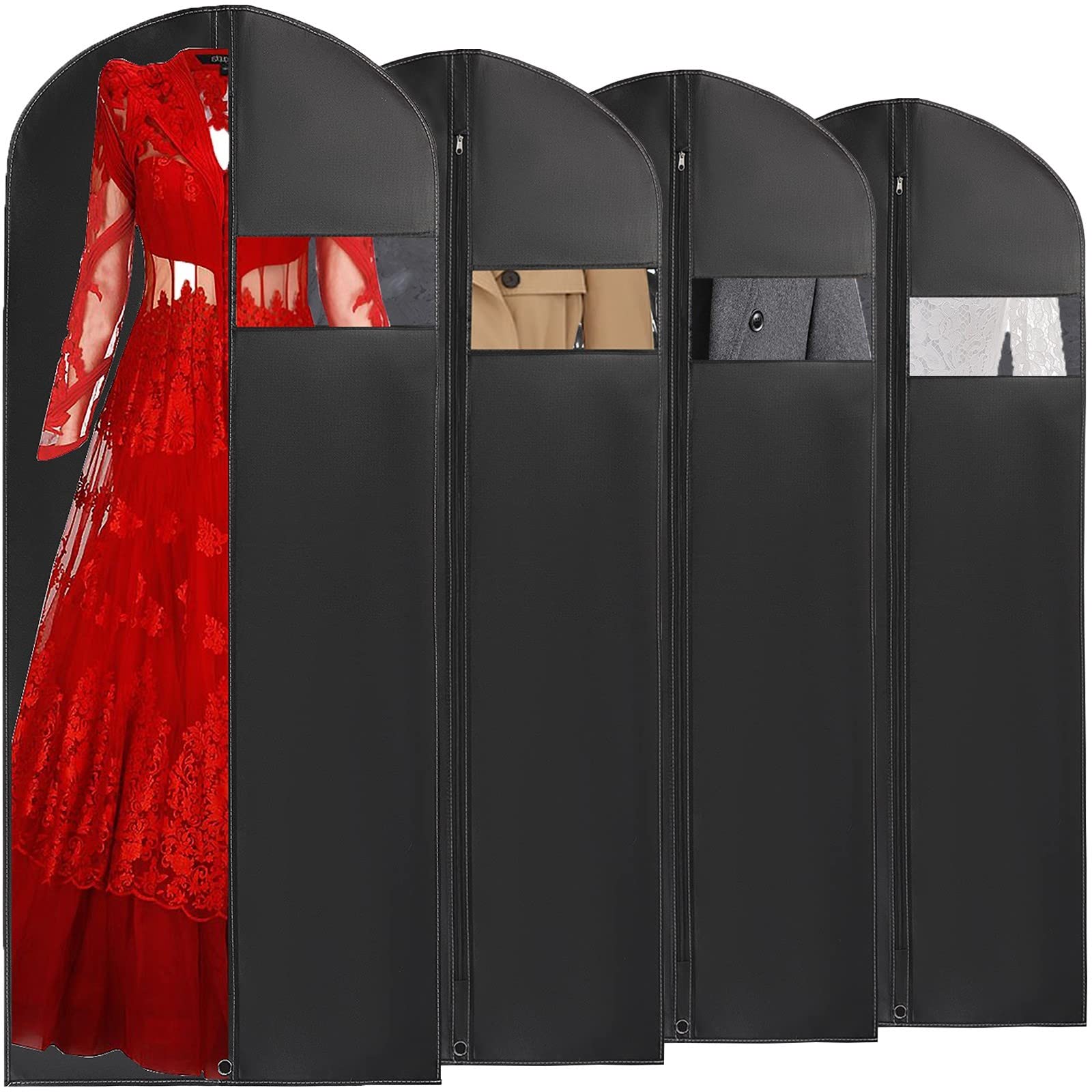 Garment Dress Bags Covers Long 60 in (4 PCS) Dustproof Suit Clothes Covers with Clear Window Suitable for Dresses, Wedding Gowns Coats, Moth Proof Protector Covers, Travel or Home Wardrobe Storage