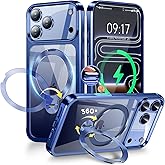 [CD Metal Ring & Invisible 360° Spin Stand] Magnetic Case for iPhone 17 Pro Max [Electroplated Shockproof Bumper ][Compatible with Mag Safe] Cover with Stand for Women Men Slim Clear - Deep Blue