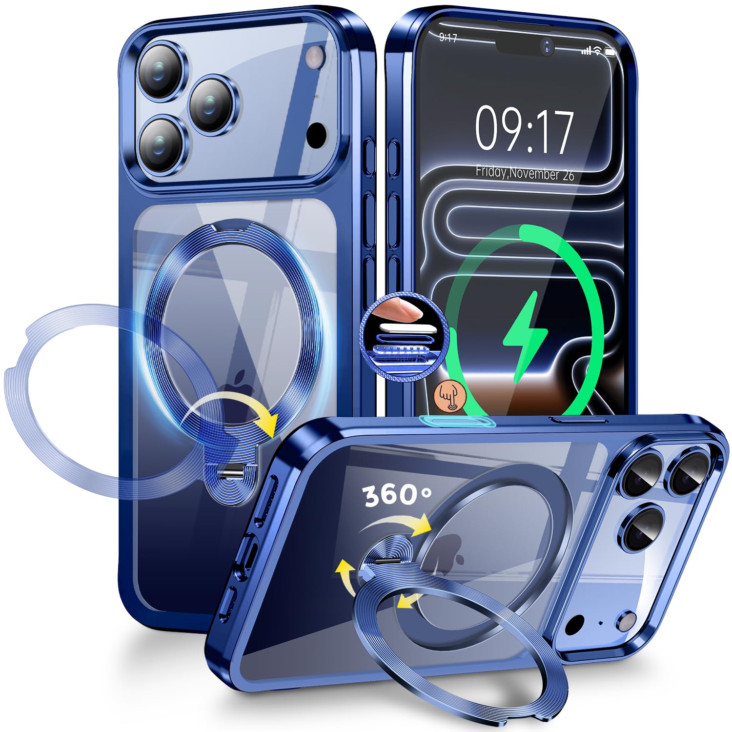 Photo 1 of [CD Metal Ring & Invisible 360° Spin Stand] Magnetic Case for iPhone 17 Pro Max[Electroplated Shockproof Bumper ][Compatible with Mag Safe]Cover with Stand for Women Men Slim Clear - Blue Titanium