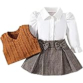 ChuYuKu Baby Girl Clothes Fall Winter Outfits Puff Sleeve Shirt Tartan Pleated Skirt Cute Vest Set Toddler Girl Dress Holiday