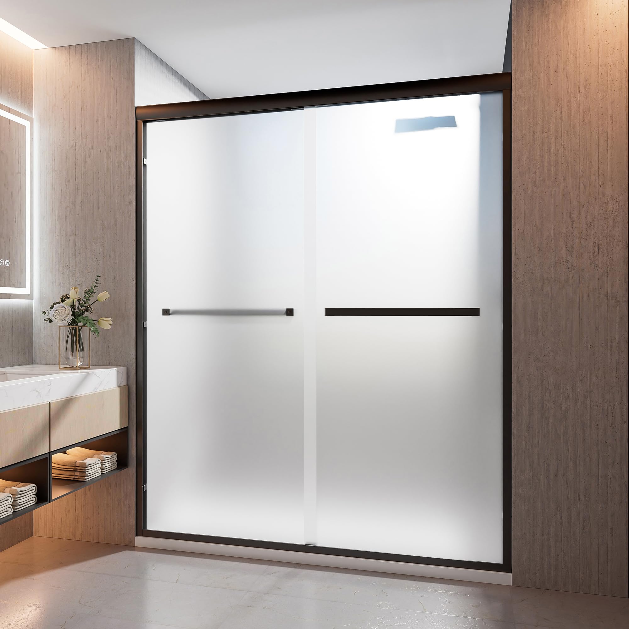 Photo 1 of ***FACTORY SEALED***
***TRUCK/TRAILER PICKUP ONLY***
Frosted Shower Doors, 56-60 in W x 72 in H, 1/4 in(6mm) Tempered Glass, Black Semi-Frameless Sliding Shower Door with Aluminum Frame